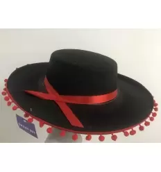 SOMBRERO CORDOBES FIELTRO NEGRO CON BORLA ROJA