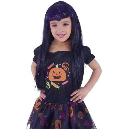 Black little witch wig with lilac highlights